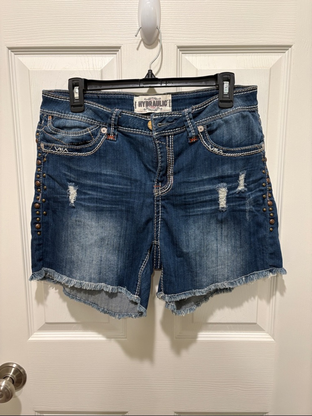 Hydraulic Dark Blue Distressed Studded Denim Shorts